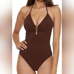 Trina Turk Women's Glimmer Maillot One Piece Swimsuit, Plunge Neck, Bathing Suit